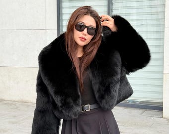 Women’s Black Fox Fur Jacket | Short Cropped Huge Collar Fut Coat