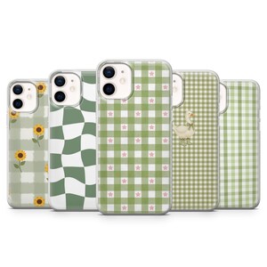 Grönt gingham-mobilskal med rutigt motiv och stjärnmönster för iPhone 17e, 16, 15, 14, 13, 12, Samsung S25, S24, S23, S22, A16, A26, Pixel 10, 9Pro