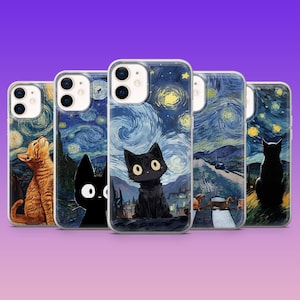 Starry Night Cat Phone Case Black Cat Van Gogh Cover iPhone 16 Pro 16e 15 14 13 12 Samsung S25 S25 Edge S24 S23FE S22 A16 A56 Pixel 9Pro 9A