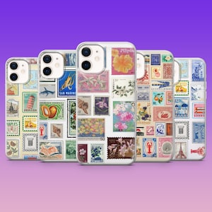 May include: Four clear phone cases featuring a collage of vintage postage stamps. The stamps depict flowers, maps, and text in various languages. The stamps are arranged in a grid pattern and have a colourful and eclectic aesthetic.