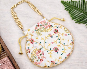 Handmade Banarasi Potli Bag | Bridal Purse, Floral Embroidery, Pearl Handle