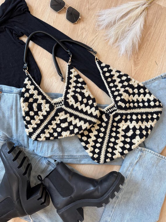Ecote crochet Black and Cream Patterned Women\'s Bag Bohemian Style Black And Beige Crochet Shoulder Bag on Luulla main image 2