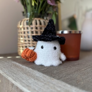 May include: A handmade white ghost plushie wearing a black witch hat and holding an orange pumpkin. The ghost has black button eyes. The plushie is on a wooden surface, with a vase of flowers in the background. Halloween-themed decor.