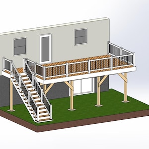 May include: A 3D rendering of a deck with stairs, a railing, and a door. The deck is elevated and supported by wooden posts. The stairs lead up to the deck, and the railing surrounds the deck's perimeter. The deck is attached to a light gray wall with windows.