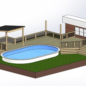 Könnte beinhalten: Isometrische Illustration eines Hinterhofs mit Swimmingpool, Holzterrasse und Pergola. Der Pool ist ovalförmig mit blauem Wasser. Die Terrasse hat Geländer und Treppen. Ein Backsteingebäude mit Fenstern und einem weißen Vordach ist ebenfalls vorhanden.