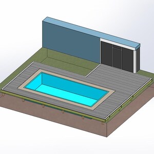 May include: Isometric architectural rendering of a backyard pool design. The rectangular pool has bright blue water, surrounded by a gray wooden deck. A blue wall and black doors are in the background.