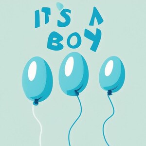 Può includere: È un maschio! Tre palloncini blu con centri bianchi sono legati insieme con stringhe bianche e blu su uno sfondo blu chiaro.