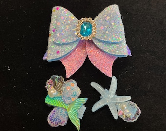 Mermaid Hair Clip Set: Sparkling Bow, Seashell, Tail - Girls Accessories
