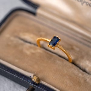 Dainty Baguette Sapphire Stackable Thin Ring, 14K Gold Plated Sterling Silver, Stacking Ring