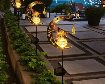Solar Moon Fairy-tuinlamp – craqueléglazen bol met engelenstokje | Metaaldecoratie voor buiten | Fairy-lantaarn op zonne-energie voor terras en pad