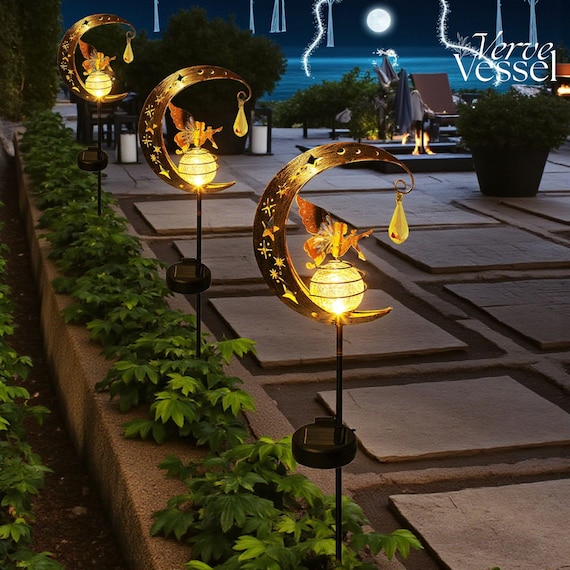 Solar Moon Fairy Garden Light – Crackle Glass Globe with Angel Stake | Outdoor Metal Decor | Solar Fairy Lantern for Patio & Pathway