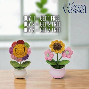 Mini Crochet Flower Pot – Knitted Tulips & Cactus Decor | Shelf, Table or Car Gift | Buy 1 Get 1 Free | Cute Gift for Mom or Friend