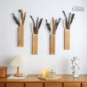 Jarrón de bolsillo de roble de 30 cm para pared: rústico, de madera, con imitación de eucalipto, decoración rústica para pared, jarrón colgante de madera en tonos neutros.