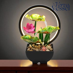 USB Tabletop Water Fountain with LED Lights – Indoor Desk Waterfall with Natural Rocks, Relaxing Metal Decor for Home or Office
