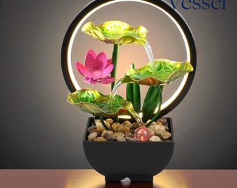 USB Tabletop Water Fountain with LED Lights – Indoor Desk Waterfall with Natural Rocks, Relaxing Metal Decor for Home or Office