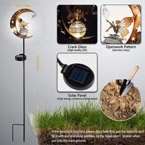 Solar moon fairy garden light with crackle glass globe and warm LED glow, eco-friendly outdoor stake lamp powered by solar panel, durable iron frame with waterproof IP65 design, 800mAh rechargeable battery for 10–12 hours of light, height 84 cm and width 16 cm, perfect for garden pathways, patios, balconies, or yard decoration, whimsical moon fairy design adds charm to outdoor spaces, energy-saving solar garden decor, great gift for garden lovers, birthdays, or housewarmings.