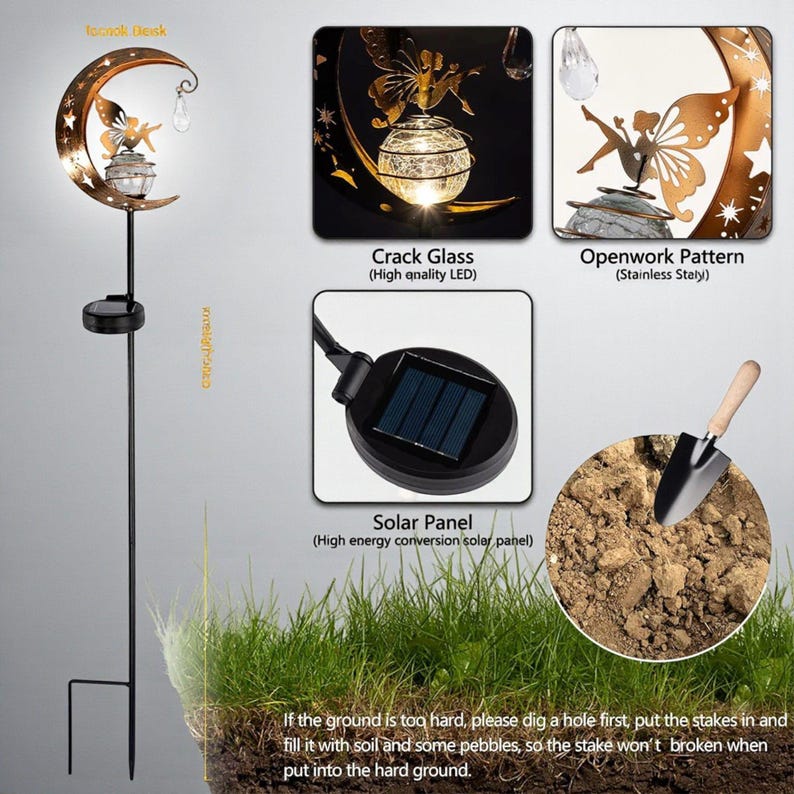Solar moon fairy garden light with crackle glass globe and warm LED glow, eco-friendly outdoor stake lamp powered by solar panel, durable iron frame with waterproof IP65 design, 800mAh rechargeable battery for 10–12 hours of light, height 84 cm and width 16 cm, perfect for garden pathways, patios, balconies, or yard decoration, whimsical moon fairy design adds charm to outdoor spaces, energy-saving solar garden decor, great gift for garden lovers, birthdays, or housewarmings.