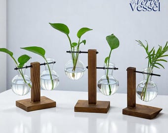 Plant Propagation Vase Set – Rustic Hydroponic Planter Stand | Unique Bulb Vases | Houseplant Gift for Plant Lover, Gardener, Florist