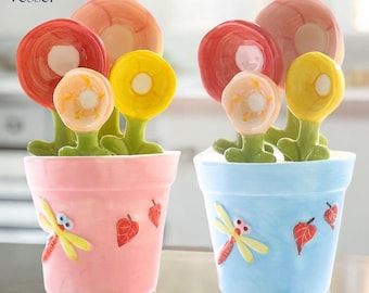 Ceramic Flower Measuring Spoons with Holder | Cute Baking Utensils Set | Handmade Kitchen Gift | Housewarming or Mother’s Day Present