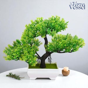 Artificial Bonsai Tree in Pot – Faux Plant for Home, Office or Desk | Small Tabletop Plastic Tree | Modern Minimalist Decor