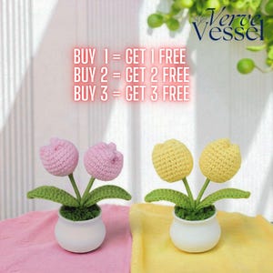 Mini Crochet Flower Pot – Knitted Tulips  Cactus Decor for Home, Shelf or Car | Cute Table Decoration & Gift for Mom, Friend, or Teacher