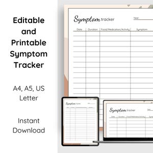 May include: A digital download featuring a printable symptom tracker. The design includes a large sheet, a tablet, and a laptop screen, all displaying the tracker. The text "Editable and Printable Symptom Tracker" is visible, along with size options.