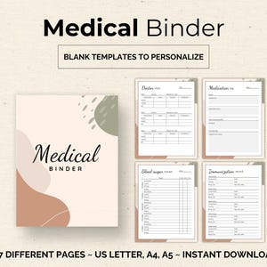 Może przedstawiać: Beżowy segregator medyczny z tytułem "Medical Binder" w czarnym skrypcie. Segregator ma abstrakcyjne kształty w kolorze brązowym i zielonym. Obraz pokazuje również cztery strony z szablonami wizyt lekarskich, leków, cukru we krwi i rejestrów szczepień.