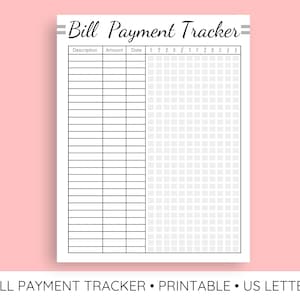 Puede incluir: Un rastreador de pago de facturas imprimible sobre un fondo blanco con un fondo rosa. El rastreador incluye columnas para descripción, importe y fecha, junto con una sección para el seguimiento de pagos. Las palabras "Bill Payment Tracker" están en la parte superior.