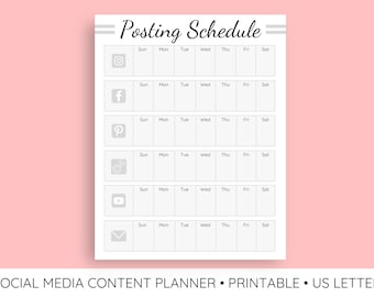 May include: A white social media content planner with the title "Posting Schedule" in a script font. The planner includes sections for Instagram, Facebook, Pinterest, TikTok, YouTube, and email, with spaces to schedule posts for each day of the week.