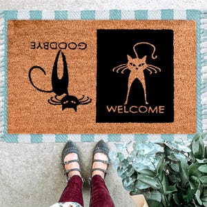 Felpudo "Bienvenidos, Adiós, Gato": Felpudo reversible de bienvenida para amantes de los gatos, adorable alfombra de entrada con gatitos, idea de regalo divertida para decorar la puerta de entrada.