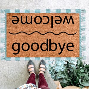 Felpudo reversible de bienvenida y despedida, de fibra de coco de doble cara, decoración minimalista para puerta de entrada, alfombra moderna para entrada, felpudo con texto abatible.