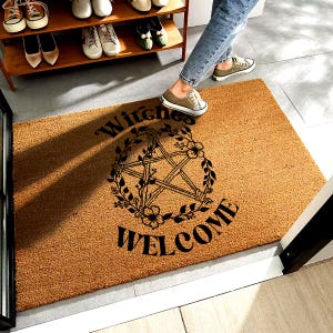 Hexen Willkommen Fußmatte, Hexen Fußmatte aus Kokosnuss mit Blumen Pentagramm, Gruselige Saison Eingangsbereich Dekor, Gothic Vorderseite Porch Matte, Halloween Geschenk