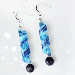 Sterling Silver Lampwork Glass Earrings – Handmade Spiral Glass Dangles with Blue Goldstone Beads, 2.5” Long