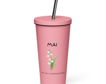 Taza térmica de acero inoxidable con pajita, 600 ml – Diseño de flor de nacimiento de mayo