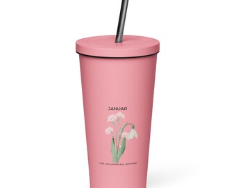 Vaso de acero inoxidable de 600 ml con pajita y tapa – Flor de nacimiento, flor del mes de enero