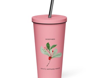 Taza térmica de acero inoxidable con pajita, 600 ml – Diseño de flor de nacimiento, diciembre
