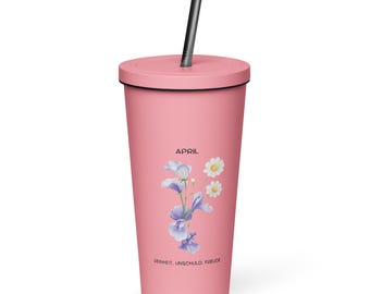 Vaso de acero inoxidable de 600 ml con pajita y tapa – Flor de nacimiento, flor del mes de abril
