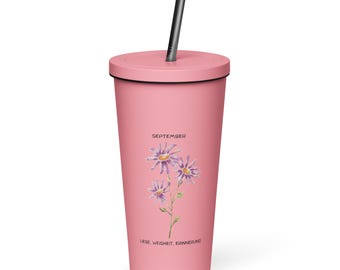 Taza térmica de acero inoxidable con pajita de 600 ml – Diseño de flor de nacimiento de septiembre