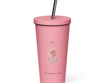 Taza térmica de acero inoxidable con pajita, 600 ml – Diseño de la flor de nacimiento de junio