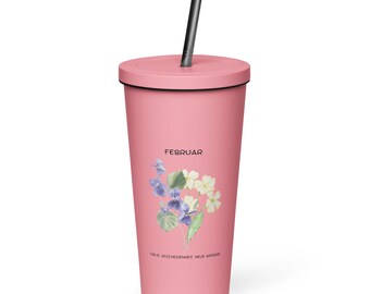 Taza térmica de acero inoxidable con pajita, 600 ml – Diseño de la flor de nacimiento de febrero