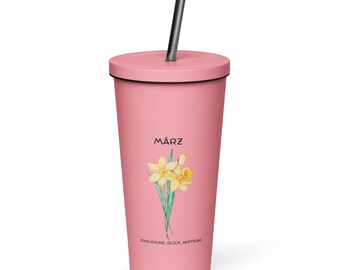 Taza térmica de acero inoxidable con pajita, 600 ml – Diseño de flor de nacimiento, marzo