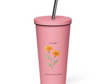 Taza térmica de acero inoxidable con pajita, 600 ml – Diseño de flor de nacimiento, octubre