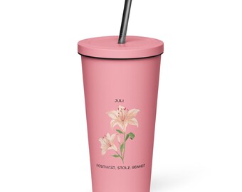 Taza térmica de acero inoxidable con pajita, 600 ml – Diseño de flor de nacimiento de julio