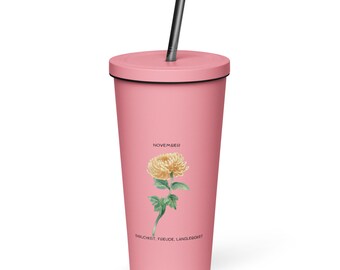 Taza térmica de acero inoxidable con pajita, 600 ml – Diseño de flor de nacimiento de noviembre