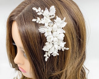 Porcelain Floral Bridal Headpiece | Bridal Hair Clip | Pearl and Flower Headpiece | White Floral and Pearl Headpiece | Bridal Accessories