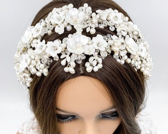 Floral Bridal Headpiece Vintage Bridal Headpiece Bridal Headband Bridal Crown White Bridal Headpiece Pearl Bridal Headpiece Double Headband