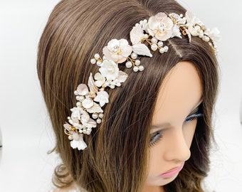 Floral Bridal Headpiece Vintage Bridal Headpiece Bridal Headband Bridal Hair Vine Gold Floral Headpiece Ivory Floral Headpiece