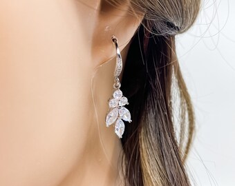 Silver Leaf Bridal Earrings Hook Bridal Drop Earrings Silver CZ Bridal Earrings Crystal Leaf Bridal Earrings Bridesmaids Earrings