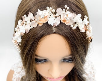 Floral Bridal Headpiece Vintage Bridal Headpiece Bridal Headband Bridal Hair Vine Rose Gold Floral Headpiece Ivory Floral Headpiece