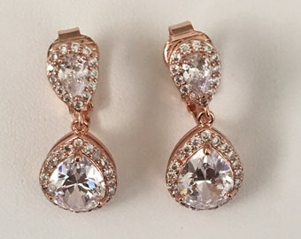 Rose Gold Clip On Earrings Bridal Earrings Teardrop Bridal Earrings Rhinestone Bridal Earrings Drop Bridal Earrings Cubic Zirconia Earrings